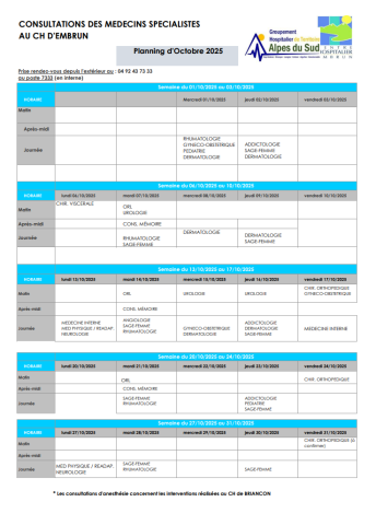 Planning des consultations de spécialistes OCT2025