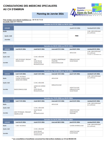 PLANNING SPECIALISTES JANVIER 26