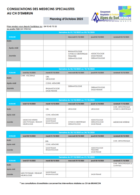 Planning des consultations de spécialistes OCT2025